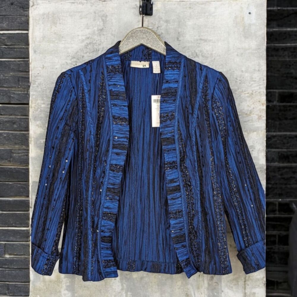 CHICO'S Earlene Lacey LS Open-Front Jacket Logan Sapphire Artsy Medium (8) NEW